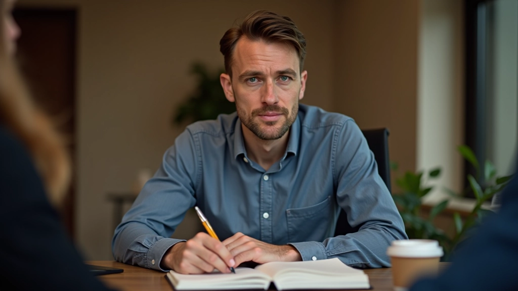 Coach schrijft aantekeningen en reflecties na sessie, met notitieblok en kopje koffie op bureau
