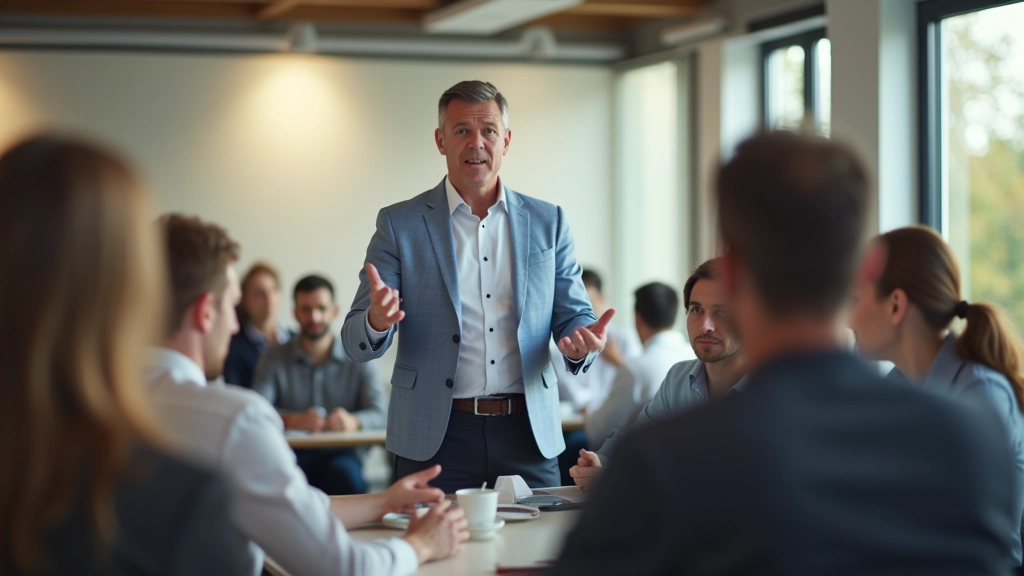 Groep deelnemers in trainingsruimte die actief oefent onder begeleiding van coach in veilige omgeving