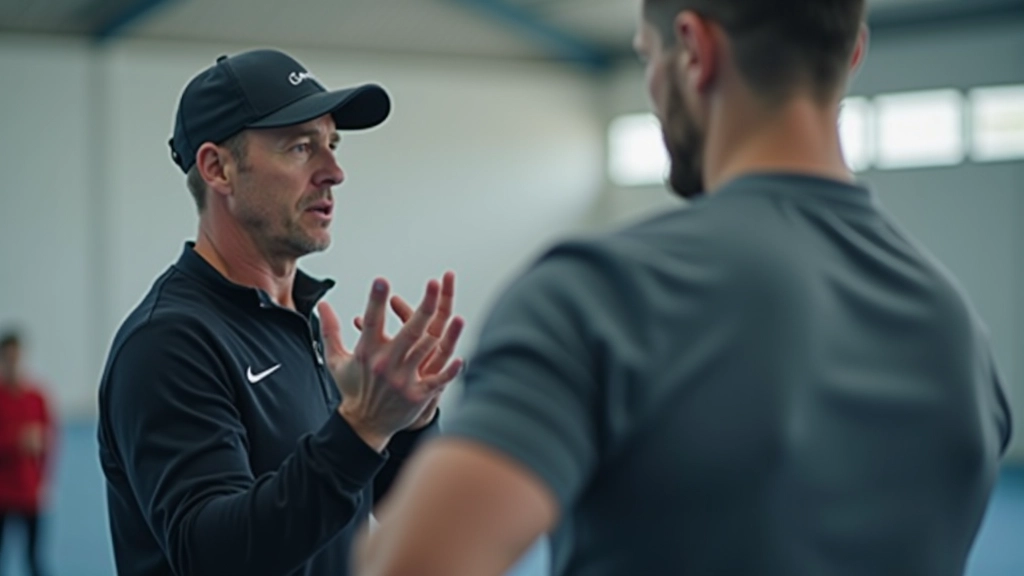 Coach en deelnemer in actieve trainingshandeling, beide gefocust en betrokken bij de oefening