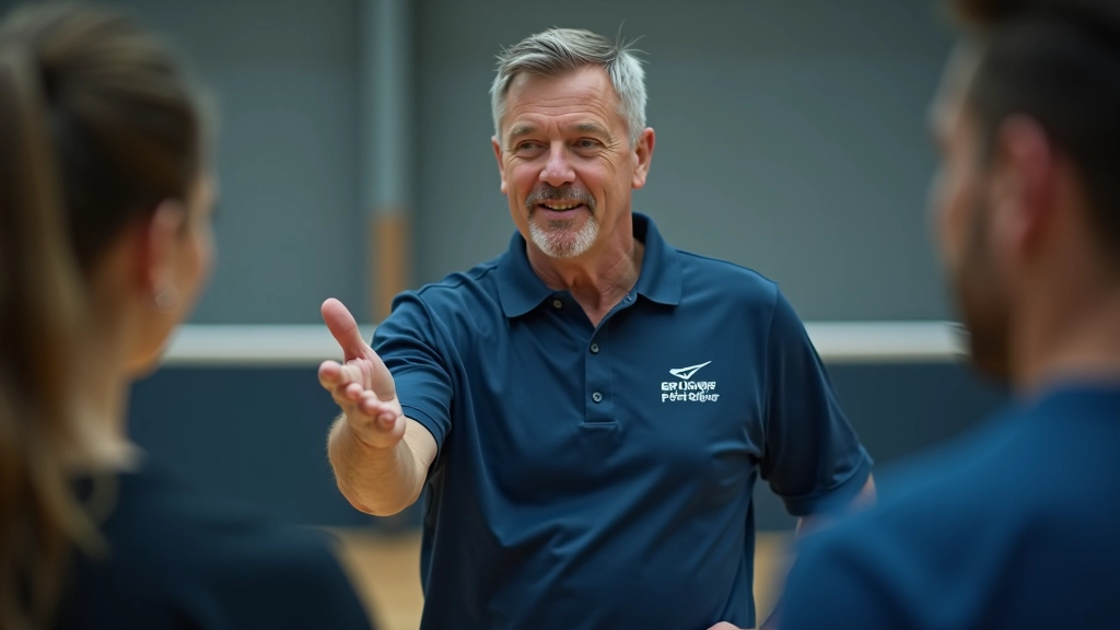 Coach demonstreert een techniek aan een kleine groep aandachtige deelnemers in de sporthal