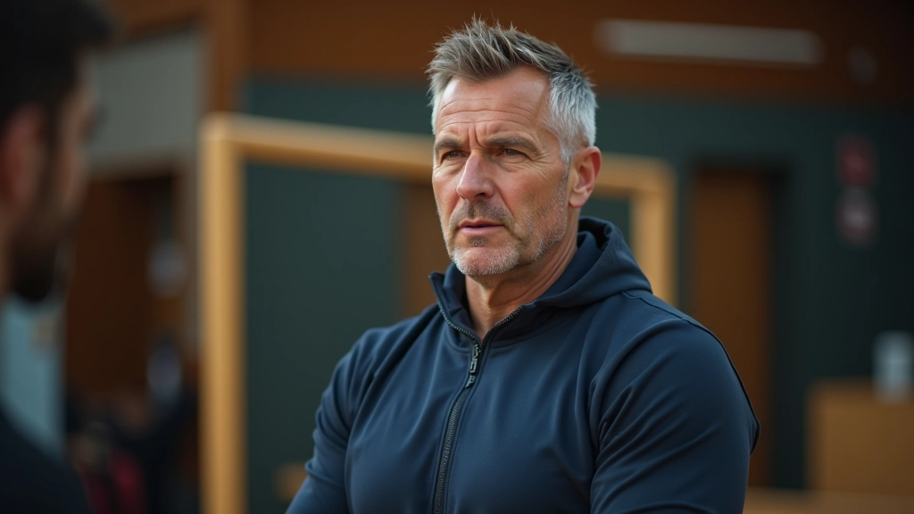 Coach luistert aandachtig naar een deelnemer die feedback geeft, beiden in sportkleding