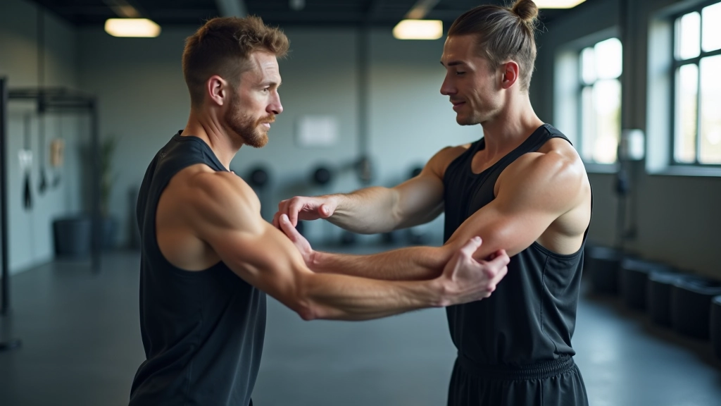 Coach die een deelnemer fysieke feedback geeft tijdens een trainingsmoment in de sporthal