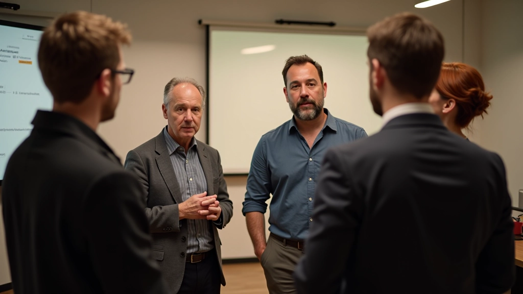 Groep van vier trainers en deelnemers in een kring tijdens een groepsdiscussie in een trainingsruimte