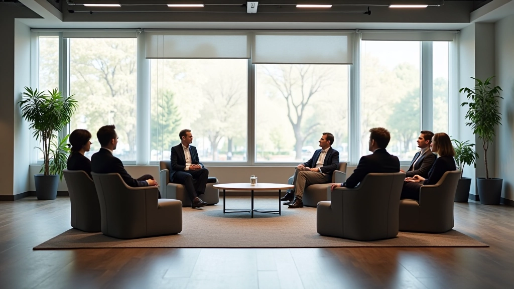 Moderne trainingsruimte met comfortabele zitplaatsen in kring voor groepsdiscussies