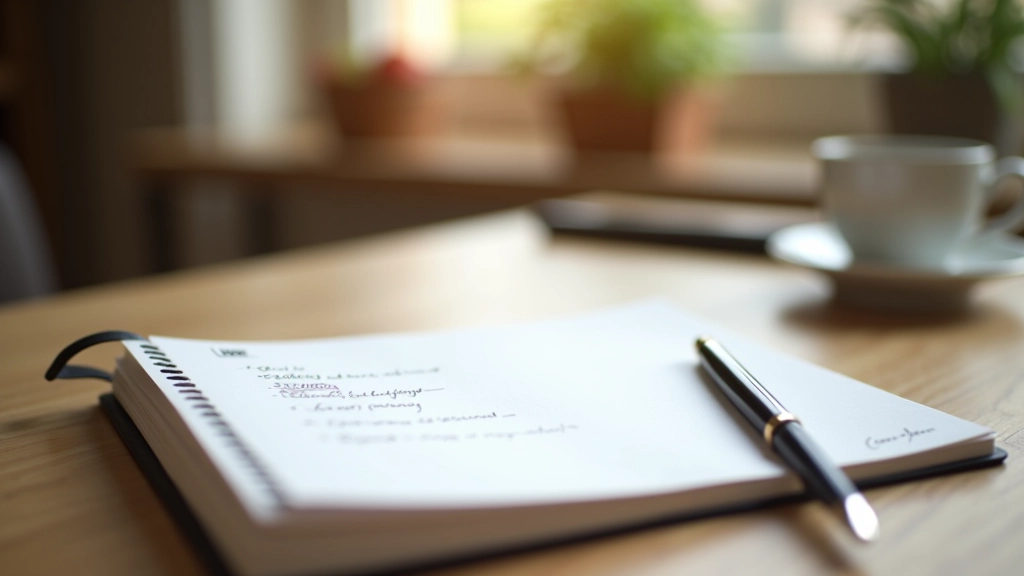 Notitieblok met feedback-notes en een pen op een houten tafel in een trainingsruimte