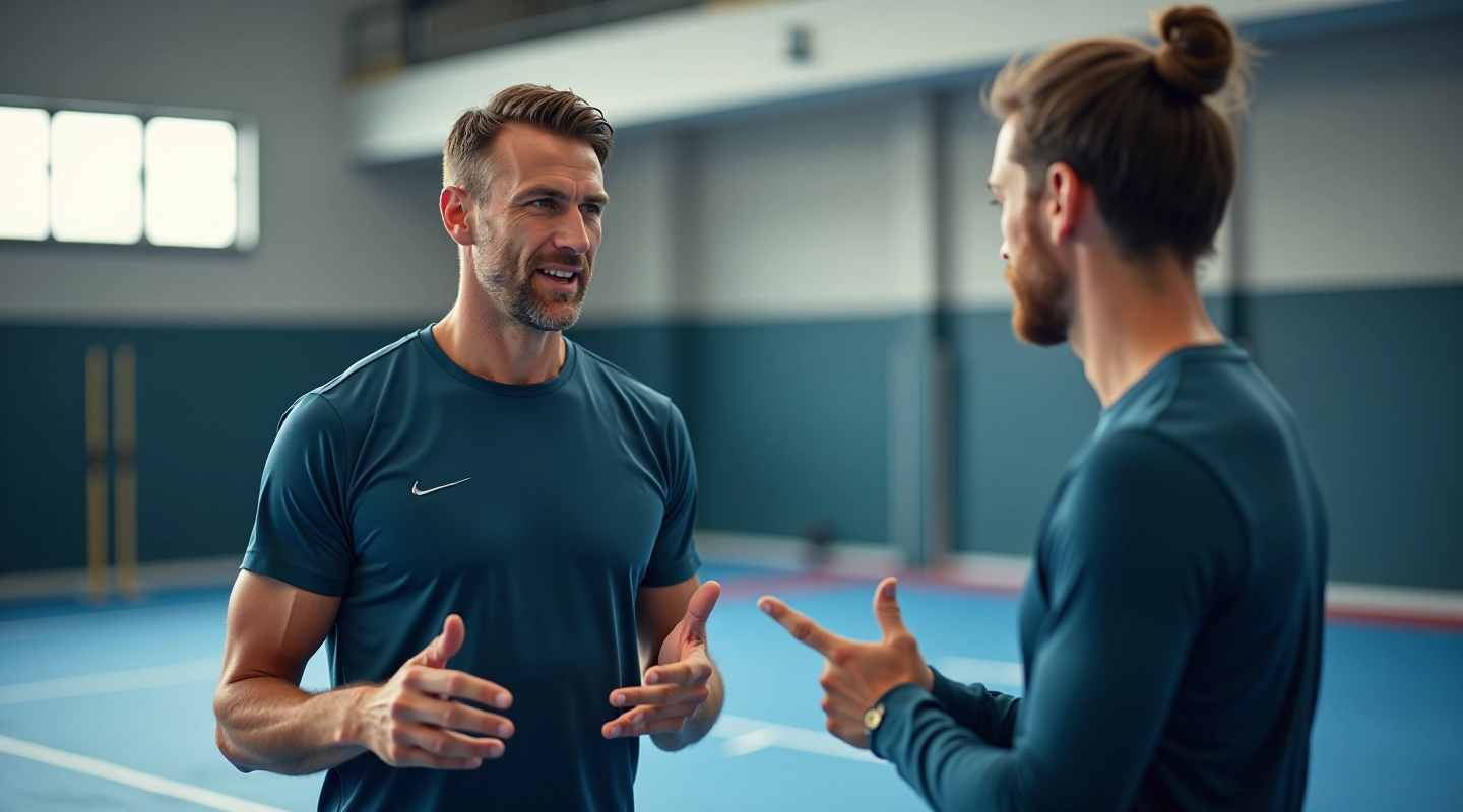 Twee trainers in gesprek met elkaar in een sporthal, één geeft advies terwijl de ander luistert aandachtig